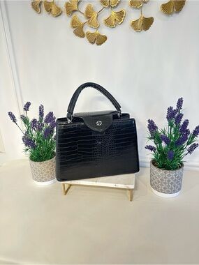 Structured Black Croc-Embossed Top Handle Satchel